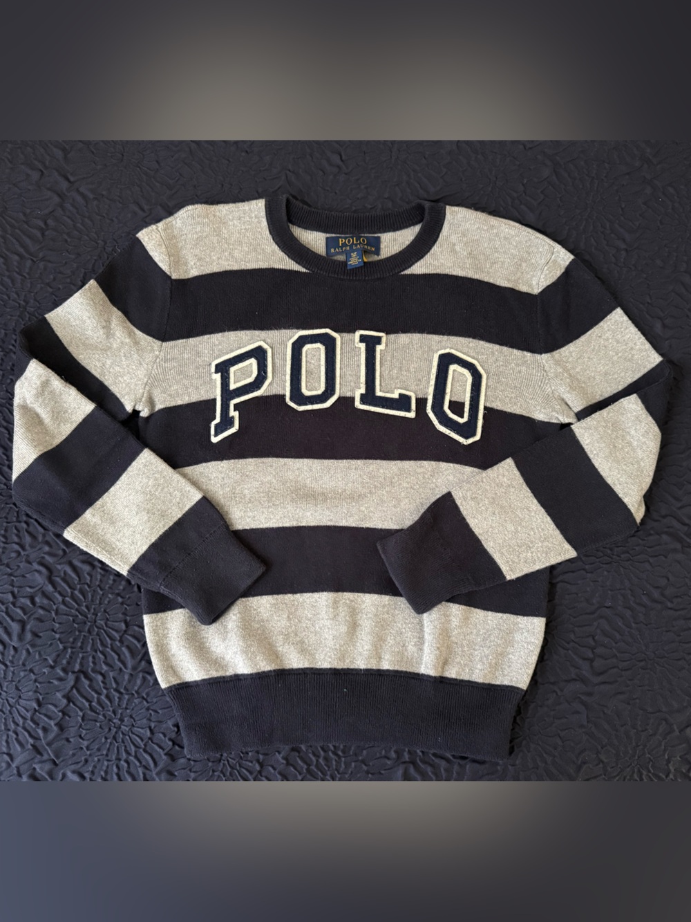 Polo Ralph Lauren Boys Navy & Gray Striped Logo Sweater Size 8